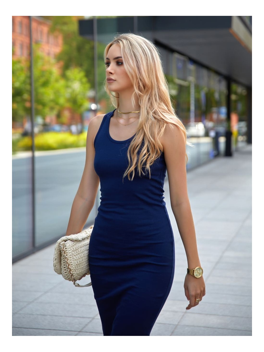 Fitted midi dress with straps - Navy blue - Online store - Boutique